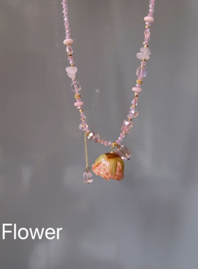 粉色水晶串珠永生真花玫瑰花吊坠项链女小众高级设计感叠戴锁骨链
