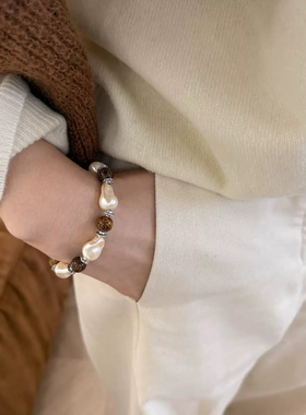 不规则珍珠木纹珠手串气质轻奢复古小众设计感美拉德高级感手链