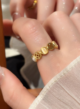 镂空钱币猫眼石开口戒指小众设计款高级气质轻奢招财食指叠戴指环