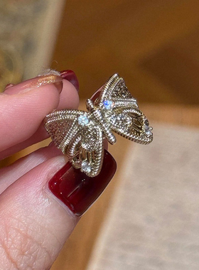 蝴蝶鸢尾花锆石开口戒指复古小众中古风设计感奇特古着叠戴食指戒