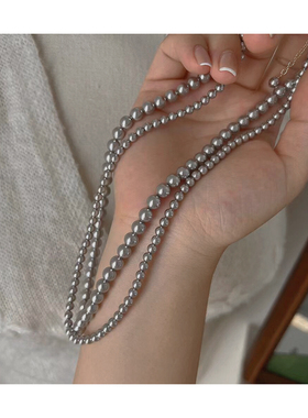 施家正圆灰色玻璃珠珠项链小众轻奢气质高级感叠戴锁骨链