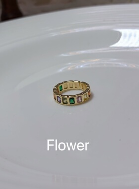 方形彩色锆石开口戒指多色方形切工金属指环高级设计感叠戴指环