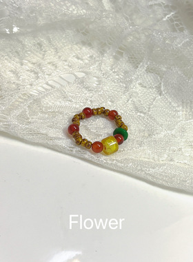 彩色天然石串珠弹力绳戒指气质轻奢小众设计时尚百搭食指叠戴指环