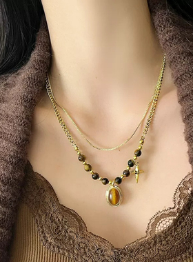 虎眼石吊坠双层项链复古小众轻奢百搭高级感秋冬毛衣锁骨链