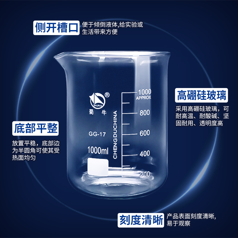 玻璃烧杯5/10/150/200/300/400/600/800ml2L3l10升耐热带刻度量杯 - 图1