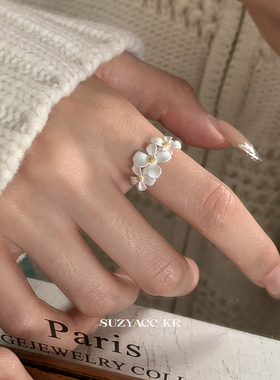 suzyacc kr小众设计感999足银栀子花戒指温柔气质开口食指戒指环