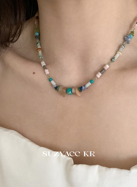 suzyacc kr森系彩色个性串珠项链2025新款复古小众设计感锁骨链