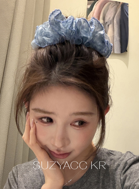 suzyacc kr复古小清新显白蓝色花边网纱发圈女高级感丸子头发饰