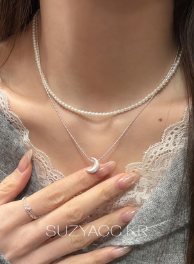 suzyacc kr法式珍珠月亮双层叠戴项链高级轻奢小众锁骨链简约颈链