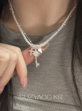 suzyacc kr重工仿珍珠钥匙双层项链2026新款甜酷少女小众锁骨链
