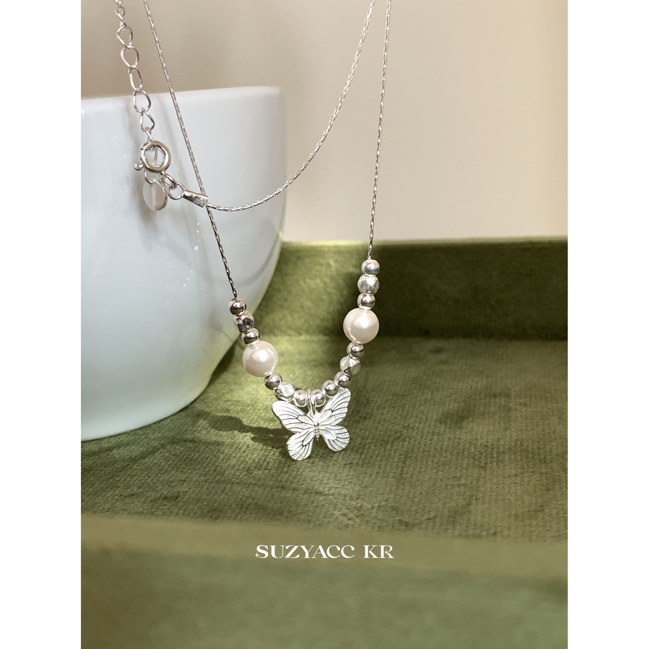 suzyacc kr气质小众纯银蝴蝶仿珍珠项链女轻奢高级气质温柔锁骨链 - 图2