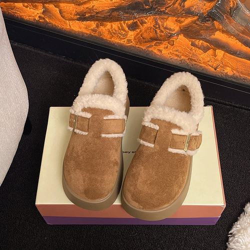 厚底增高加绒全包勃肯鞋女鞋子2025新款冬季雪地靴毛毛棉鞋乐福鞋 - 图2