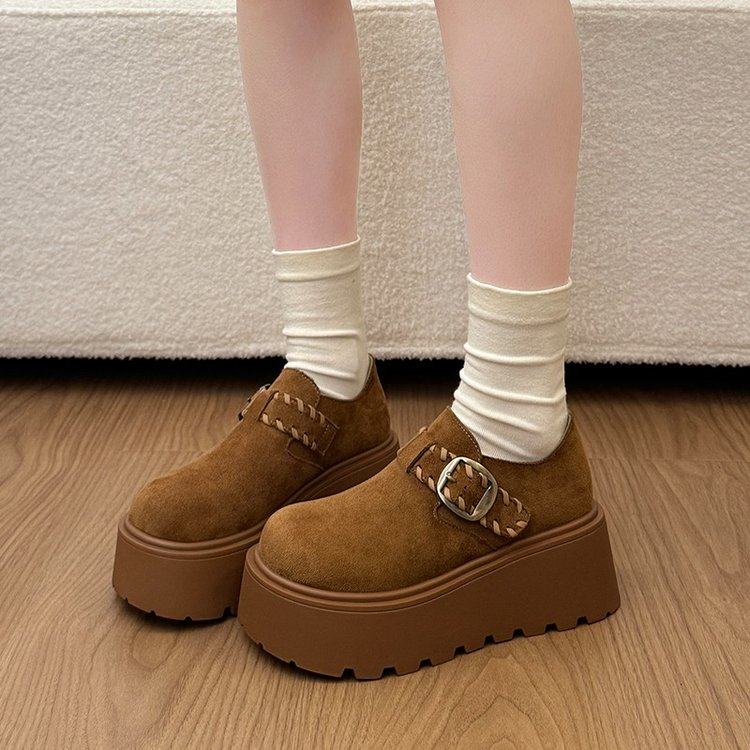 厚底乐福鞋女2026新款反绒皮皮带扣增高松糕鞋复古鞋深口单鞋百搭,淘宝优惠券,粉丝福利购,淘宝优惠卷