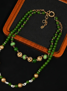 中古vintage气质感祖母绿玉髓淡水珍珠女款颈链两层叠戴项链