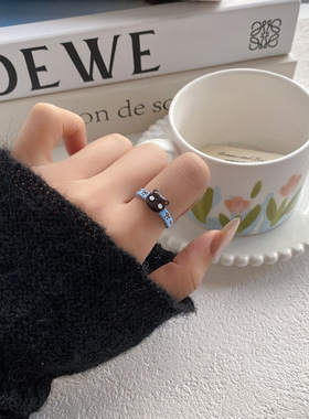 童趣满分黑棕色小熊韩式可调节开口指环戒指女小众轻奢食指戒