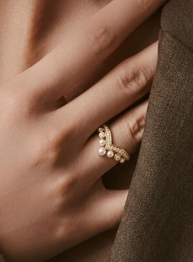 v形皇冠珍珠微镶锆石可调节开口指环戒指女士小众轻奢食指戒