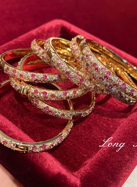 复古轻奢高定满钻玫瑰庄园渐变粉钻手镯感气质精致手环