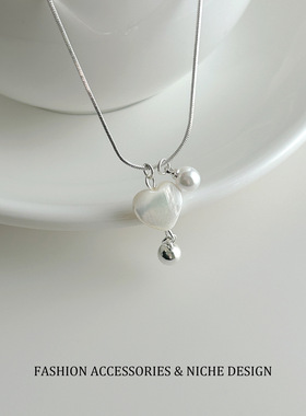 简约天然白贝母爱心项链女小众设计显白时尚百搭气质锁骨链耳饰