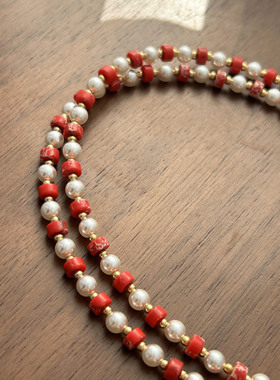 红色天然石串珠施家珍珠锁骨链轻奢小众秋冬新款双层叠带项链颈链