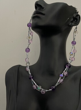 时髦感紫色水晶串珠双层项链女简约优雅精致锁骨链设计感颈链