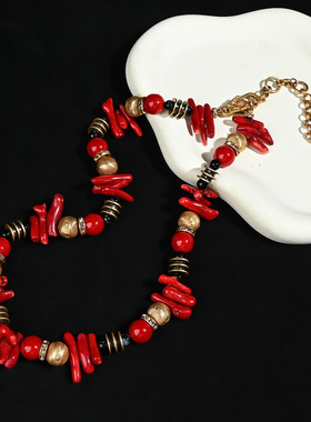 中古vintage monies风銅珠红瑚项链文艺毛衣链百搭时尚短款项链女