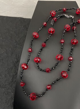 红色水晶黑色串珠项链女长款可叠戴锁骨链轻奢气质小众锁骨链毛衣