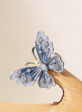 欧美跨境时尚夸张个性珐琅滴釉镶钻珍珠蝴蝶戒指女小众感手饰