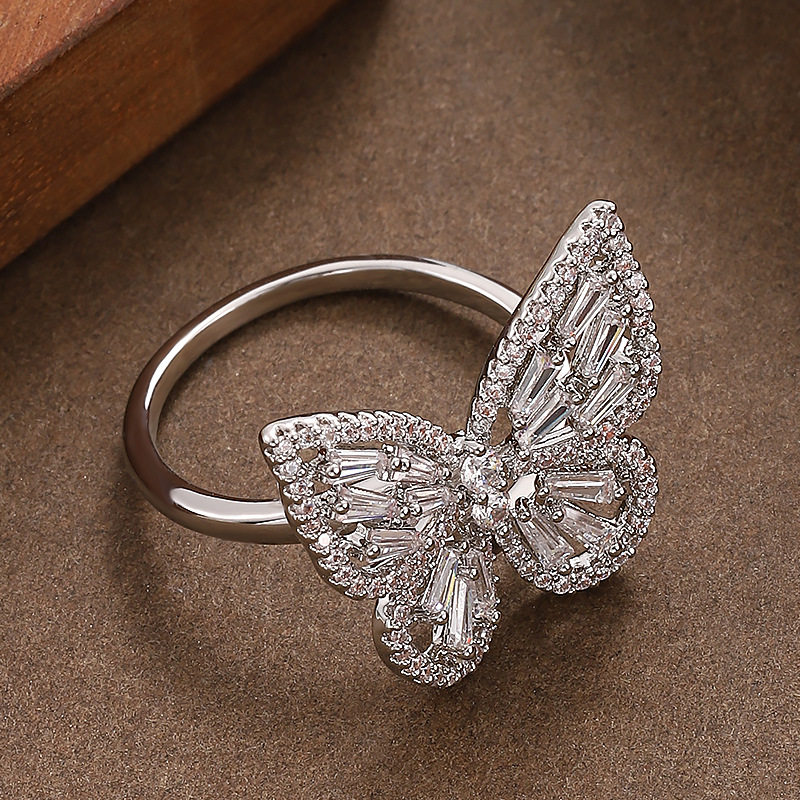 Cross-border fashionable and simple explosive zircon butterfly adjustable open ring niche exquisite hand jewelry