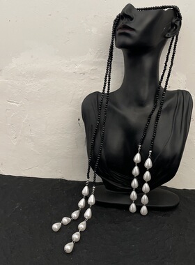 水滴珍珠黑色水晶串珠长款项链时尚多种戴法锁骨链感颈链配饰
