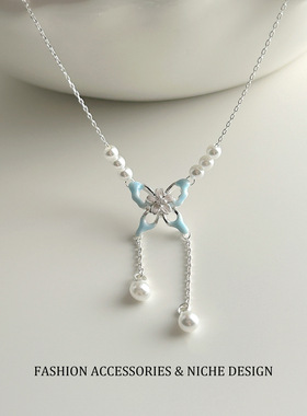 甜美超仙精致蓝色蝴蝶樱花珍珠锁骨链轻奢清新温柔简约项链女