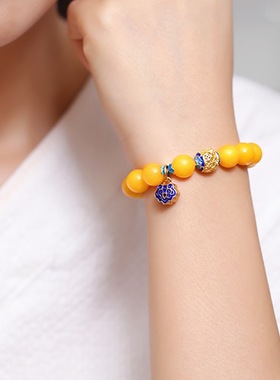 蜜蜡手串天然琥珀老蜜蜡青金石配掐丝珐琅多宝手链女士款