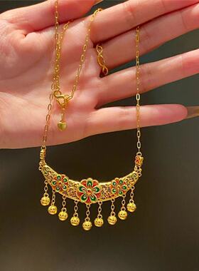 黄金色珐琅锁包项链套链新中式桃花铃铛流苏吊坠百搭轻奢精致