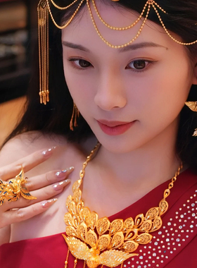 传承古法沙金凤舞九天戒指新中式宫廷风渐变珐琅彩点羽金凤凰女戒