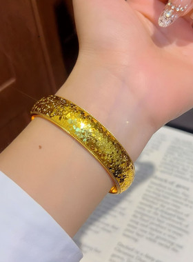 高保色度真金爆闪碎冰冰宽面泥鳅背手镯高级感开口