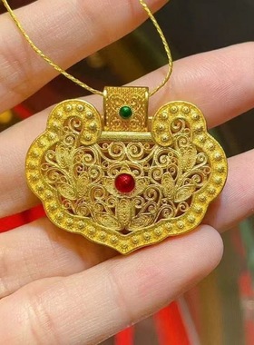 新中式国风古法黄金色花丝如意锁包吊坠项链女高级感轻奢小众设计