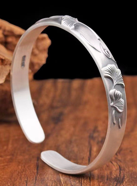 新中式国风银杏叶银手镯女纯银镯子叶子复古民族风浮雕开口实心银