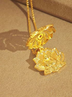 新中式复古花开见佛吊坠莲花佛双面拉丝项链中国风高级开合项饰