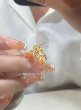 黄金色繁花戒指女新款素圈精致工艺小众设计轻奢高级感百搭礼物送