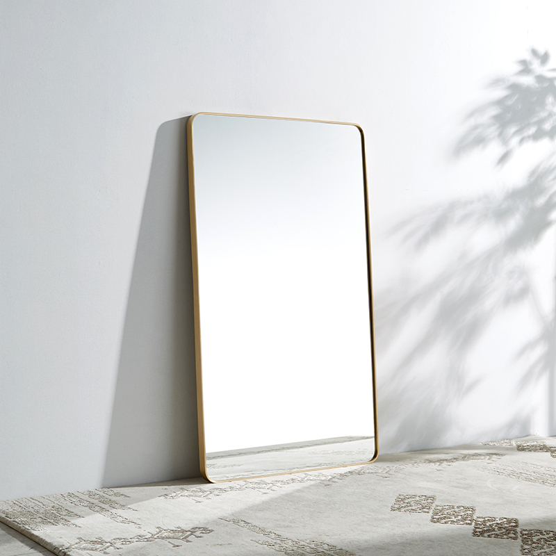 雅缇黄铜圆角方形浴室镜子北欧壁挂高端卫浴镜金色窄边试衣镜