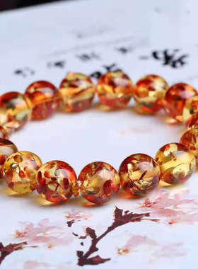 波罗的海爆花珀琥珀手链蜜蜡花瓣圆珠单圈手串礼物念佛珠饰品男款