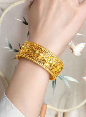 足银999古法花丝镂空莲花手镯女新中式高级感开口镯子新年送礼物