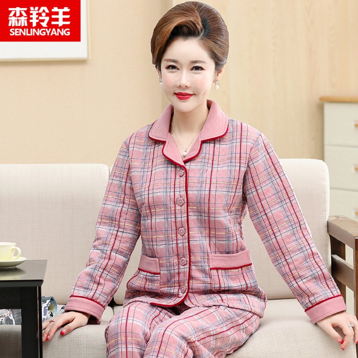 妈妈女士睡衣秋冬季纯棉加厚保暖空气棉夹层薄夹棉可外穿格子套装,淘宝优惠券,粉丝福利购,淘宝优惠卷