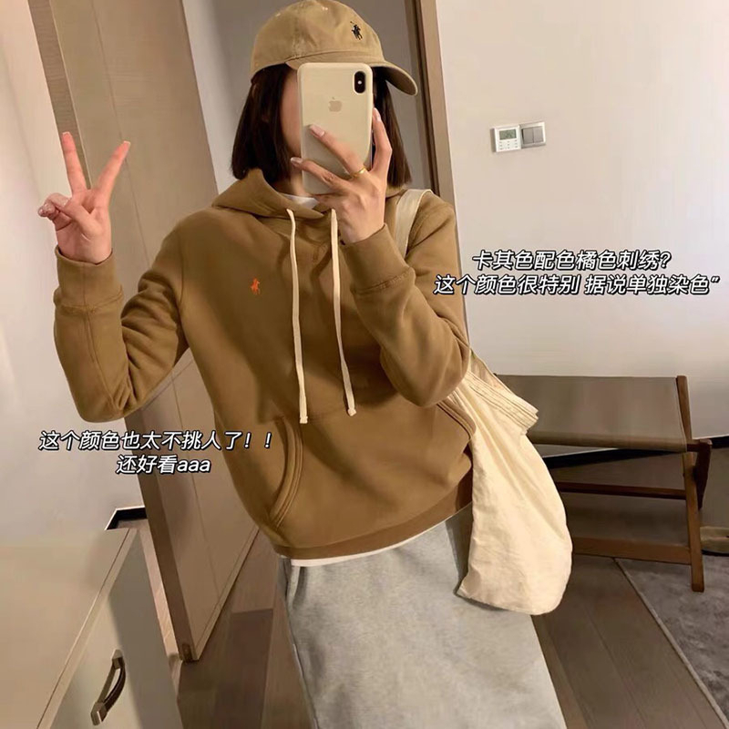 高品 秋冬刺绣马球加绒连帽卫衣女休闲百搭套头帽衫情侣纯色上衣 - 图1