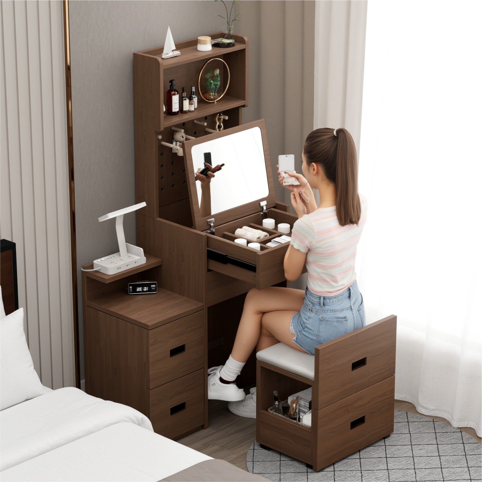 实木梳妆台床头柜一体可翻盖小户型斗柜卧室化妆桌简约现代化妆台,淘宝优惠券,粉丝福利购,淘宝优惠卷