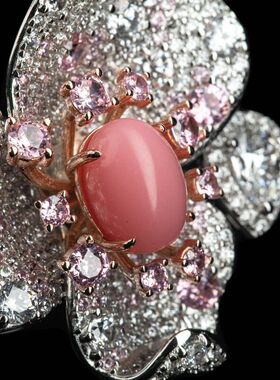 925银镀金高碳钻海螺珠蛋面花朵分色电镀奢华高定珠宝戒指2026款