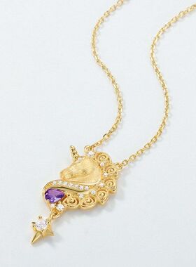 轻奢复古手工拉丝独角兽项链女宫廷风精致S925纯银镀金吊坠锁骨链