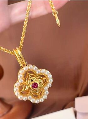 新中式国风红刚玉剪纸窗花珍珠项链轻奢高级感百搭2026新款