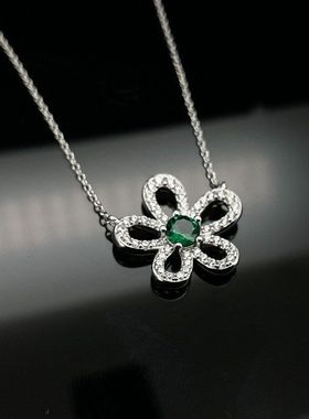 跨境专供个性花朵培育祖母绿项链S925银镶培育彩宝复古轻奢锁骨链