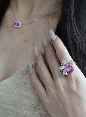 5ct热粉培育宝石蝴蝶结戒指S925纯银镀金轻奢甜美高级花朵指环