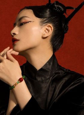 天然和田碧玉手串女款S925银镀18K金南红9mm圆珠手链源头